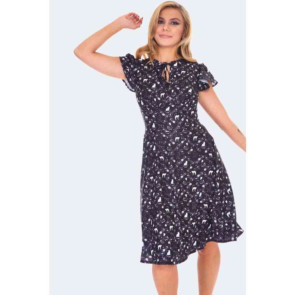 Voodoo Vixen - Kitty Print Keyhole Flare Kleid - Schwarz